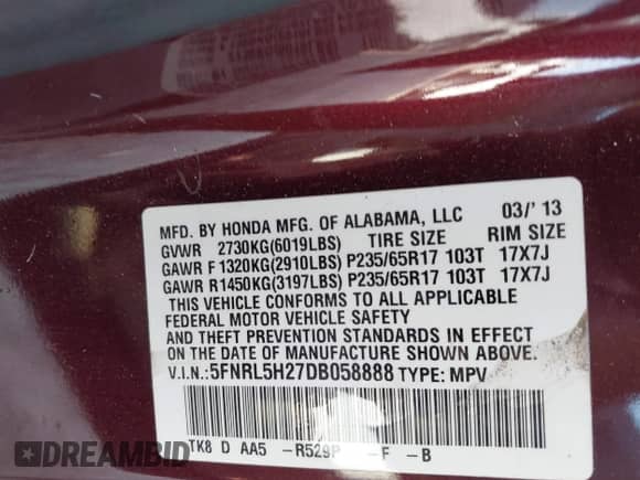 2013 Honda Odyssey LX с VIN 5FNRL5H27DB058888, выставлен на аукционе IAAI как лот 43266697 с пробегом 160 562 миль миль и . История ставок и продаж доступна на DreamBid. Изображение 9.