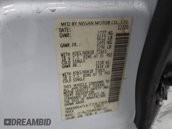 2020 Nissan Frontier SV with VIN 1N6ED0EA7LN726289, listed as a IAAI auction lot 43131454 with 18,157 mi miles and . Bid and sale history available at DreamBid. Image 9.
