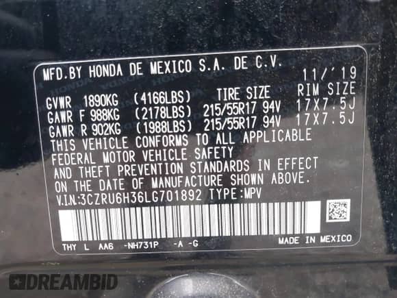2020 Honda HR-V LX z VIN 3CZRU6H36LG701892, wystawiony jako IAAI lot #43007826 z przebiegiem 137 503 mil mil oraz . Historia ofert i sprzedaży dostępna na DreamBid. Obrazek 9.