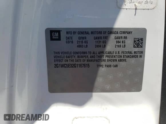 2016 Chevrolet Impala LTZ with VIN 2G1WC5E32G1167615, listed as a Copart auction lot 64482645 with 89,663 mi miles and Salvage title. Bid and sale history available at DreamBid. Image 12.