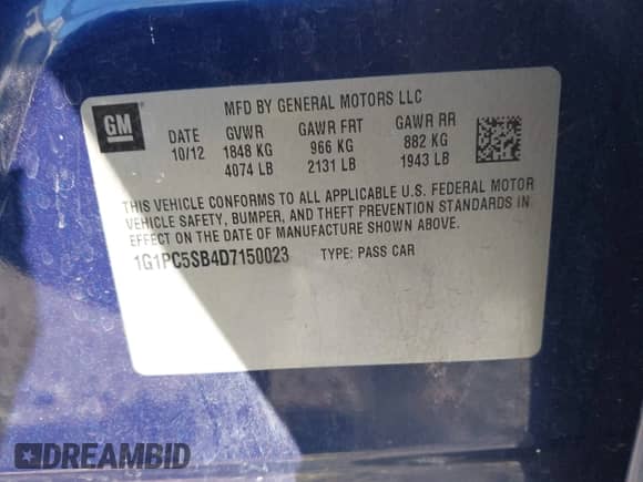 2013 Chevrolet Cruze 1LT with VIN 1G1PC5SB4D7150023, listed as a IAAI auction lot 43123465 with 113,176 mi miles and . Bid and sale history available at DreamBid. Image 9.