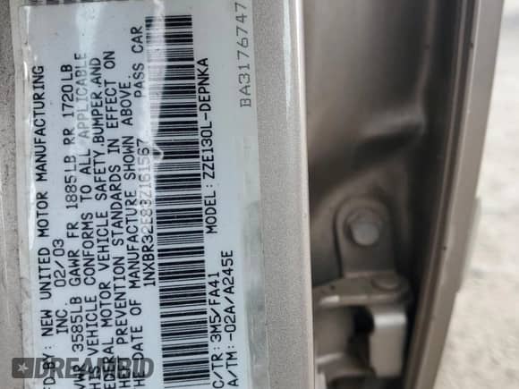 2003 Toyota Corolla CE z VIN 1NXBR32E83Z161567, wystawiony jako Copart lot #87487735 z przebiegiem 232 700 mil mil oraz Czysty tytuł • Clean title. Historia ofert i sprzedaży dostępna na DreamBid. Obrazek 12.