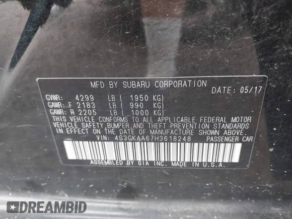 2017 Subaru Impreza with VIN 4S3GKAA67H3618248, listed as a IAAI auction lot 42128587 with 83,074 mi miles and . Bid and sale history available at DreamBid. Image 9.