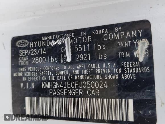 2015 Hyundai Genesis 3.8L z VIN KMHGN4JE0FU050024, wystawiony jako Copart lot #40389534 z przebiegiem Nie podano mil oraz Szkoda całkowita • Salvage title. Historia ofert i sprzedaży dostępna na DreamBid. Obrazek 13.