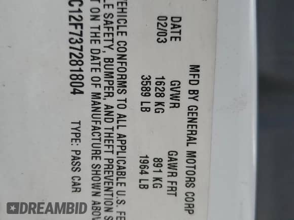 2003 Chevrolet Cavalier с VIN 1G1JC12F737281804, выставлен на аукционе Copart как лот 54444095 с пробегом Не указан миль и Списание • Salvage title. История ставок и продаж доступна на DreamBid. Изображение 12.