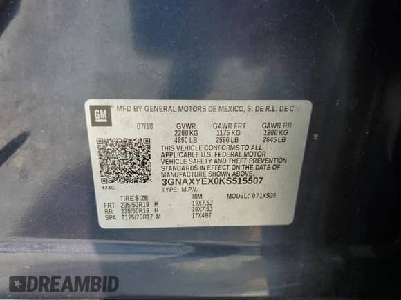 2019 Chevrolet Equinox Premier with VIN 3GNAXYEX0KS515507, listed as a Copart auction lot 69683905 with 77,603 mi miles and Salvage title. Bid and sale history available at DreamBid. Image 14.