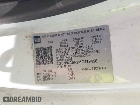 2021 Chevrolet Silverado 1500 Work Truck with VIN 3GCNWAEF2MG419458, listed as a IAAI auction lot 42720140 with 46,238 mi miles and . Bid and sale history available at DreamBid. Image 9.