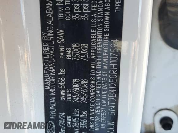 2024 Hyundai Santa Cruz SEL с VIN 5NTJB4DE0RH107594, выставлен на аукционе Copart как лот 67403575 с пробегом 22 717 миль миль и Списание • Salvage title. История ставок и продаж доступна на DreamBid. Изображение 13.