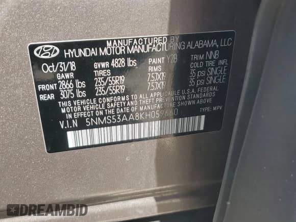 2019 Hyundai Santa Fe Limited z VIN 5NMS53AA8KH059660, wystawiony jako Copart lot #60108985 z przebiegiem 76 093 mil mil oraz Szkoda całkowita • Salvage title. Historia ofert i sprzedaży dostępna na DreamBid. Obrazek 13.
