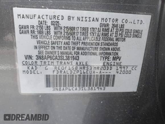 2025 Nissan Kicks SV с VIN 3N8AP6CA3SL381943, выставлен на аукционе IAAI как лот 43328042 с пробегом 21 161 миль миль и . История ставок и продаж доступна на DreamBid. Изображение 9.