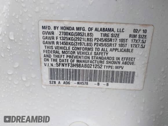 2010 Honda Pilot Touring с VIN 5FNYF3H98AB021252, выставлен на аукционе IAAI как лот 42345848 с пробегом 192 442 миль миль и . История ставок и продаж доступна на DreamBid. Изображение 9.