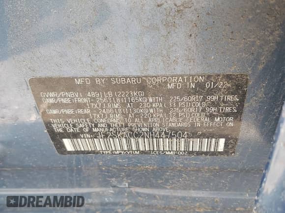 2022 Subaru Forester z VIN JF2SKACC2NH447504, wystawiony jako IAAI lot #42430026 z przebiegiem 136 915 mil mil oraz . Historia ofert i sprzedaży dostępna na DreamBid. Obrazek 9.