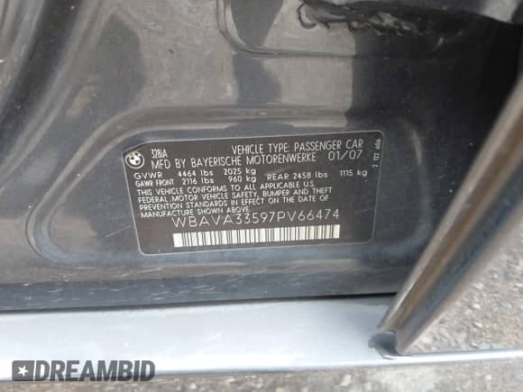 2007 BMW 3 Series 328i z VIN WBAVA33597PV66474, wystawiony jako IAAI lot #43270573 z przebiegiem 125 820 mil mil oraz . Historia ofert i sprzedaży dostępna na DreamBid. Obrazek 9.