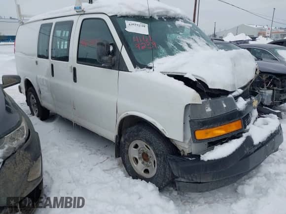 2021 Chevrolet Express Cargo with VIN 1GCWGAF70M1311573, listed as a IAAI auction lot 41619239 with 46,728 mi miles and . Bid and sale history available at DreamBid. Image 1.