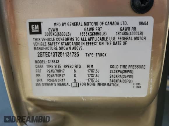 2005 GMC Sierra 1500 SLT z VIN 2GTEC13T251131726, wystawiony jako Copart lot #52334705 z przebiegiem 109 319 mil mil oraz Szkoda całkowita • Salvage title. Historia ofert i sprzedaży dostępna na DreamBid. Obrazek 12.