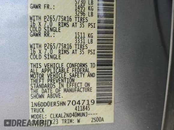 2017 Nissan Frontier Desert Runner with VIN 1N6DD0ER5HN704719, listed as a Copart auction lot 58788555 with 152,557 mi miles and Salvage title. Bid and sale history available at DreamBid. Image 13.
