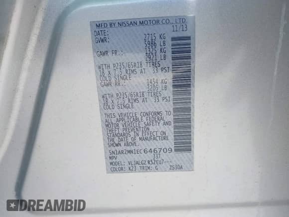 2014 Nissan Pathfinder Platinum with VIN 5N1AR2MN1EC646709, listed as a IAAI auction lot 42526737 with 200,666 mi miles and . Bid and sale history available at DreamBid. Image 9.