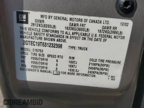 2003 GMC Sierra 1500 SLE с VIN 2GTEC19T631232398, выставлен на аукционе Copart как лот 70163215 с пробегом 375 402 миль миль и Списание • Salvage title. История ставок и продаж доступна на DreamBid. Изображение 12.