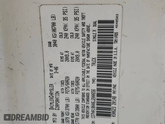2006 Dodge 1500 ST z VIN 1D7HA18NX6J200656, wystawiony jako Copart lot #50821785 z przebiegiem 196 564 mil mil oraz Szkoda całkowita • Salvage title. Historia ofert i sprzedaży dostępna na DreamBid. Obrazek 13.