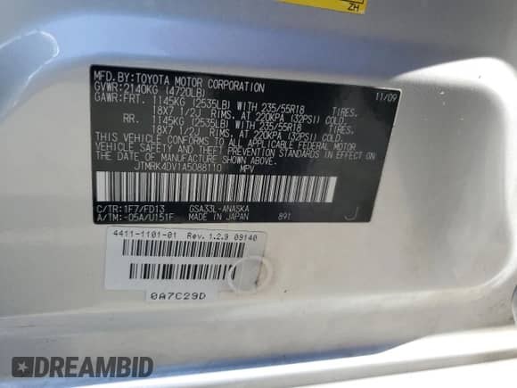 2010 Toyota RAV4 Sport with VIN JTMRK4DV1A5088110, listed as a Copart auction lot 81592865 with 247,895 mi miles and Salvage title. Bid and sale history available at DreamBid. Image 13.