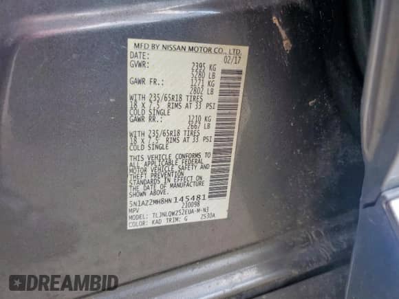 2017 Nissan Murano Platinum с VIN 5N1AZ2MH8HN145481, выставлен на аукционе Copart как лот 80196805 с пробегом 141 745 миль миль и Списание • Salvage title. История ставок и продаж доступна на DreamBid. Изображение 12.