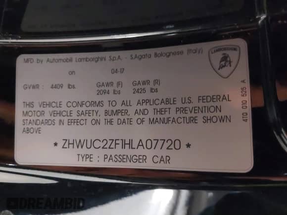 2017 Lamborghini Huracan LP 580-2 с VIN ZHWUC2ZF1HLA07720, выставлен на аукционе IAAI как лот 41410692 с пробегом 30 972 миль миль и . История ставок и продаж доступна на DreamBid. Изображение 9.