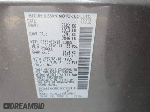 2013 Nissan Pathfinder SV z VIN 5N1AR2MNXDC627266, wystawiony jako IAAI lot #42284429 z przebiegiem 163 910 mil mil oraz . Historia ofert i sprzedaży dostępna na DreamBid. Obrazek 9.