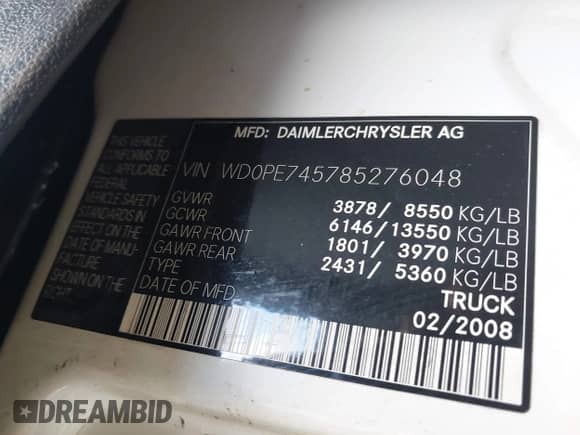 2008 Dodge Sprinter with VIN WD0PE745785276048, listed as a IAAI auction lot 42673730 with 91,977 mi miles and . Bid and sale history available at DreamBid. Image 9.