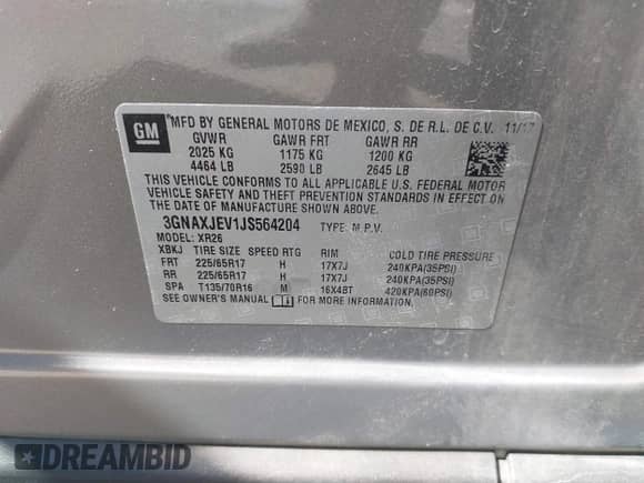 2018 Chevrolet Equinox LT с VIN 3GNAXJEV1JS564204, выставлен на аукционе IAAI как лот 42823651 с пробегом 56 842 миль миль и . История ставок и продаж доступна на DreamBid. Изображение 9.