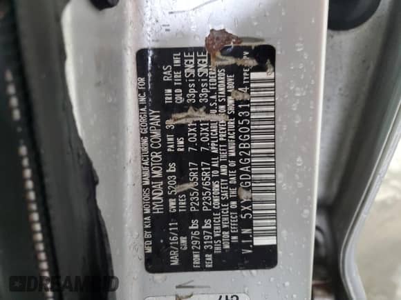 2011 Hyundai Santa Fe GLS z VIN 5XYZGDAG2BG053124, wystawiony jako Copart lot #55978845 z przebiegiem 108 816 mil mil oraz Szkoda całkowita • Salvage title. Historia ofert i sprzedaży dostępna na DreamBid. Obrazek 14.