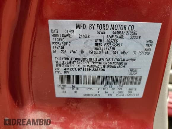 2008 Mercury Mariner Premier with VIN 4M2CU97188KJ38500, listed as a Copart auction lot 56255015 with 171,811 mi miles and Salvage title. Bid and sale history available at DreamBid. Image 12.