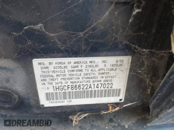 2002 Honda Accord VP with VIN 1HGCF86622A147022, listed as a IAAI auction lot 43516234 with 256,740 mi miles and . Bid and sale history available at DreamBid. Image 9.