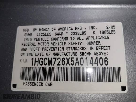 2005 Honda Accord EX-L с VIN 1HGCM726X5A014406, выставлен на аукционе IAAI как лот 41142684 с пробегом 117 509 миль миль и . История ставок и продаж доступна на DreamBid. Изображение 9.