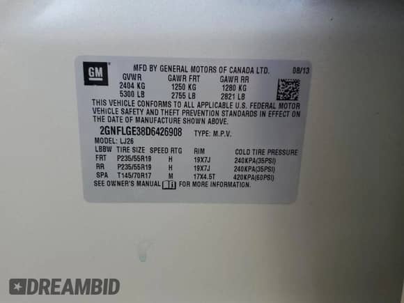 2013 Chevrolet Equinox LTZ with VIN 2GNFLGE38D6426908, listed as a Copart auction lot 61593335 with 76,562 mi miles and Salvage title. Bid and sale history available at DreamBid. Image 13.