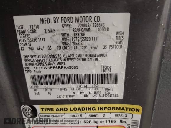 2011 Ford F-150 XL with VIN 1FTFW1EF6BFA45083, listed as a IAAI auction lot 41888696 with 97,754 mi miles and . Bid and sale history available at DreamBid. Image 9.