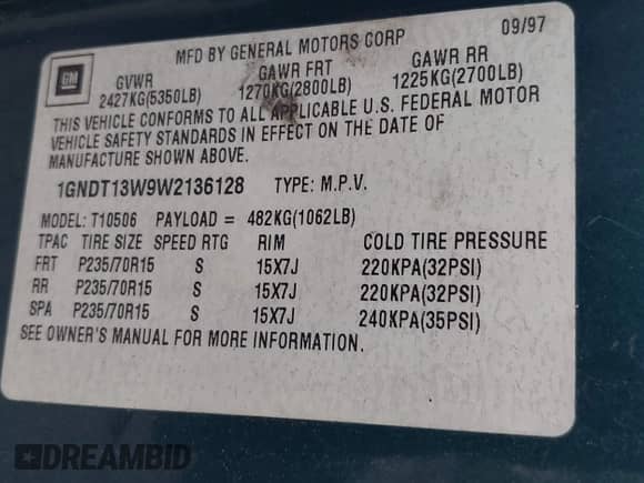 1998 Chevrolet Blazer LS z VIN 1GNDT13W9W2136128, wystawiony jako IAAI lot #43428911 z przebiegiem 190 691 mil mil oraz . Historia ofert i sprzedaży dostępna na DreamBid. Obrazek 9.