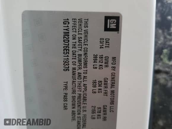 2014 Chevrolet Corvette Z51 3LT z VIN 1G1YM2D76E5119376, wystawiony jako Copart lot #75007724 z przebiegiem Nie podano mil oraz Nie do naprawy • Non repairable. Historia ofert i sprzedaży dostępna na DreamBid. Obrazek 13.