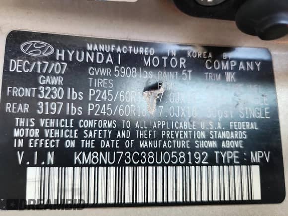 2008 Hyundai Veracruz GLS с VIN KM8NU73C38U058192, выставлен на аукционе Copart как лот 69431785 с пробегом 191 842 миль миль и Списание • Salvage title. История ставок и продаж доступна на DreamBid. Изображение 13.