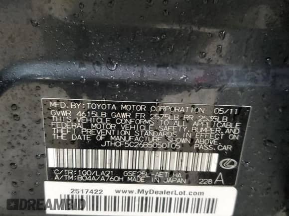 2011 Lexus IS 250 z VIN JTHCF5C26B5050105, wystawiony jako Copart lot #64594345 z przebiegiem 195 677 mil mil oraz Czysty tytuł • Clean title. Historia ofert i sprzedaży dostępna na DreamBid. Obrazek 13.