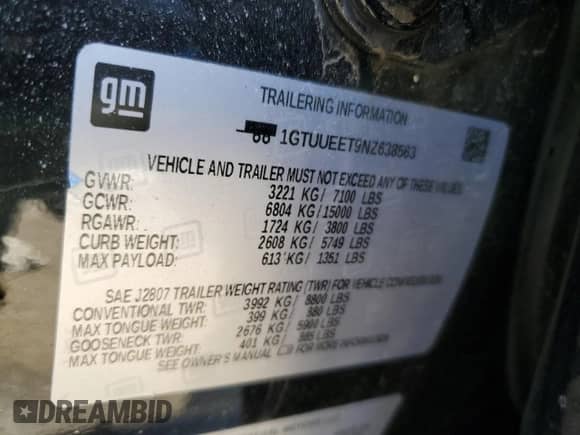 2022 GMC Sierra 1500 AT4 с VIN 1GTUUEET9NZ638563, выставлен на аукционе Copart как лот 89303935 с пробегом Не указан миль и Списание • Salvage title. История ставок и продаж доступна на DreamBid. Изображение 12.