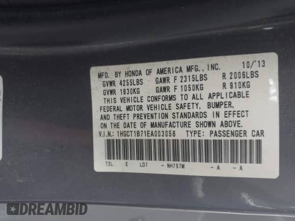 2014 Honda Accord EX z VIN 1HGCT1B71EA003058, wystawiony jako IAAI lot #43261625 z przebiegiem 130 601 mil mil oraz . Historia ofert i sprzedaży dostępna na DreamBid. Obrazek 9.