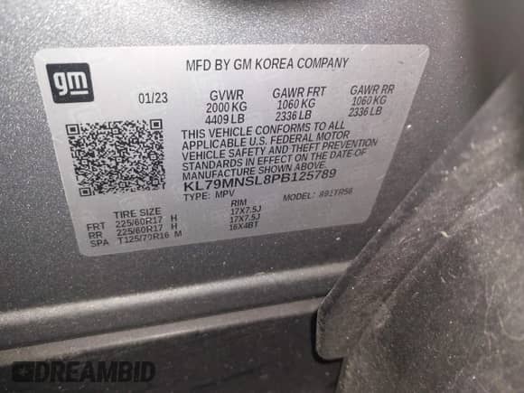 2023 Chevrolet TrailBlazer LS with VIN KL79MNSL8PB125789, listed as a IAAI auction lot 42330517 with 39,500 mi miles and . Bid and sale history available at DreamBid. Image 9.