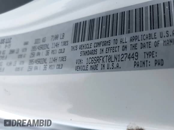 2020 Ram 1500 Longhorn with VIN 1C6SRFKT0LN127449, listed as a IAAI auction lot 42246252 with 52,034 mi miles and . Bid and sale history available at DreamBid. Image 9.