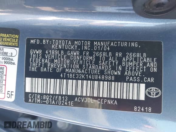 2004 Toyota Camry LE z VIN 4T1BE32K14U848988, wystawiony jako IAAI lot #43374345 z przebiegiem 191 139 mil mil oraz . Historia ofert i sprzedaży dostępna na DreamBid. Obrazek 9.