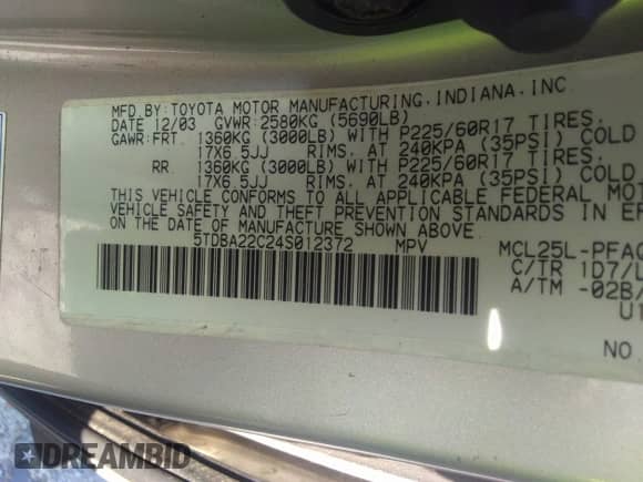 2004 Toyota Sienna XLE z VIN 5TDBA22C24S012372, wystawiony jako IAAI lot #37033120 z przebiegiem 249 792 mil mil oraz . Historia ofert i sprzedaży dostępna na DreamBid. Obrazek 9.