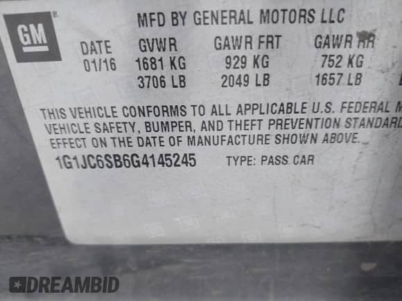 2016 Chevrolet Sonic LT with VIN 1G1JC6SB6G4145245, listed as a IAAI auction lot 41353744 with 103,371 mi miles and . Bid and sale history available at DreamBid. Image 9.