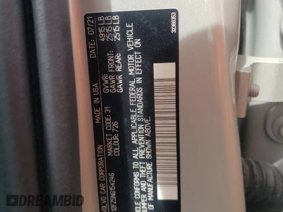 2022 Volvo S60 Momentum with VIN 7JRL12FZ5NG154246, listed as a Copart auction lot 54120335 with 109,653 mi miles and Salvage title. Bid and sale history available at DreamBid. Image 13.