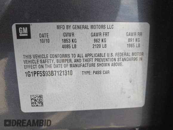 2011 Chevrolet Cruze 1LT with VIN 1G1PF5S93B7121310, listed as a IAAI auction lot 43182050 with 323,075 mi miles and . Bid and sale history available at DreamBid. Image 9.