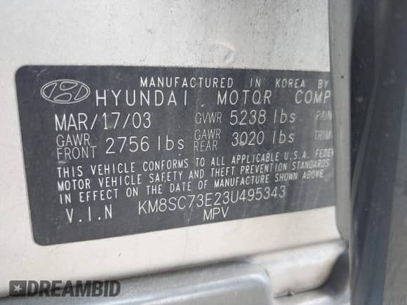 2003 Hyundai Santa Fe LX с VIN KM8SC73E23U495343, выставлен на аукционе IAAI как лот 42172895 с пробегом 164 167 миль миль и . История ставок и продаж доступна на DreamBid. Изображение 9.