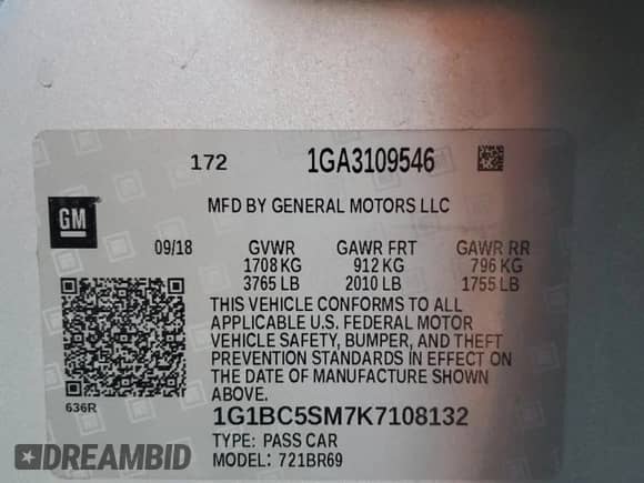 2019 Chevrolet Cruze LS with VIN 1G1BC5SM7K7108132, listed as a Copart auction lot 71777065 with 108,356 mi miles and Salvage title. Bid and sale history available at DreamBid. Image 12.